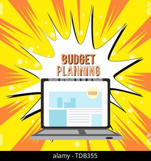 Text sign showing Budget Planning. Business photo text The written description about current and future expenses Open Modern Laptop Switched On with W Stock Photo
