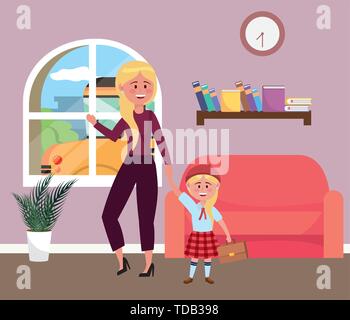 Mother and daughter going to school design, Family activities relationship generation lifestyle and people theme Vector illustration Stock Vector