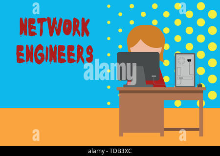 Conceptual hand writing showing Network Engineers. Concept meaning Technology professional Skilled in computer system Young female working in office c Stock Photo