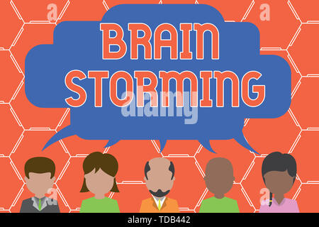 Writing note showing Brain Storming. Business concept for Stimulating creative thinking Developing new ideas Discussion Five different persons sharing Stock Photo