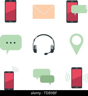 Illustrated icon set of contact symbols for texting, calling, chatting, and writing. Includes a location pin, envelope, and several options for phones Stock Vector