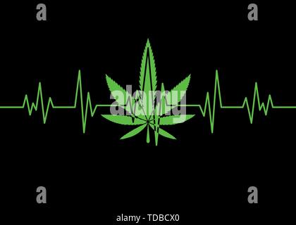 Marijuana leaf heartbeat pulse monitor. Vector illustration cardiogram concept. Green pulse outline with cannabis leaf on black background. For web, p Stock Vector