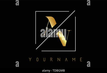 AV Golden Letter Logo with Cutted and Intersected Design and Square Frame Vector Illustration Stock Vector