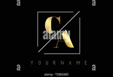 CA Golden Letter Logo with Cutted and Intersected Design and Square Frame Vector Illustration Stock Vector