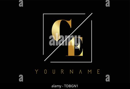 CE Golden Letter Logo with Cutted and Intersected Design and Square Frame Vector Illustration Stock Vector