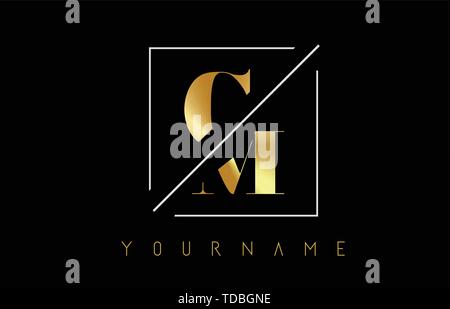 CM Golden Letter Logo with Cutted and Intersected Design and Square Frame Vector Illustration Stock Vector