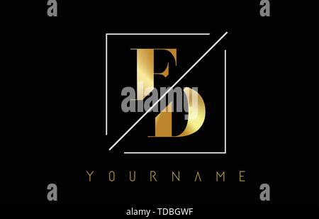 FD Golden Letter Logo with Cutted and Intersected Design and Square Frame Vector Illustration Stock Vector