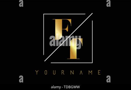 FT Golden Letter Logo with Cutted and Intersected Design and Square Frame Vector Illustration Stock Vector