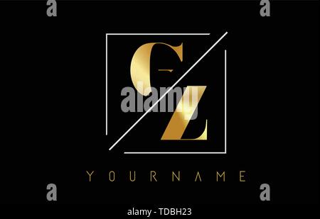 GZ Golden Letter Logo with Cutted and Intersected Design and Square Frame Vector Illustration Stock Vector