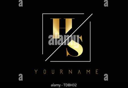 HS Golden Letter Logo with Cutted and Intersected Design and Square Frame Vector Illustration Stock Vector