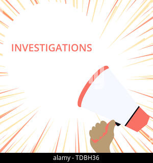 Word writing text Investigations. Business photo showcasing The formal action or systematic examination about something Hand Holding Loudhailer Empty  Stock Photo