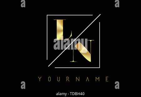 LN Golden Letter Logo with Cutted and Intersected Design and Square Frame Vector Illustration Stock Vector