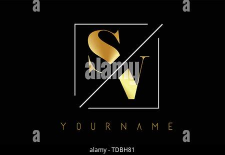 SV Golden Letter Logo with Cutted and Intersected Design and Square Frame Vector Illustration Stock Vector