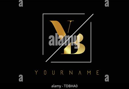 VB Golden Letter Logo with Cutted and Intersected Design and Square Frame Vector Illustration Stock Vector