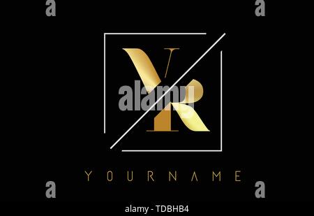 VR Golden Letter Logo with Cutted and Intersected Design and Square Frame Vector Illustration Stock Vector