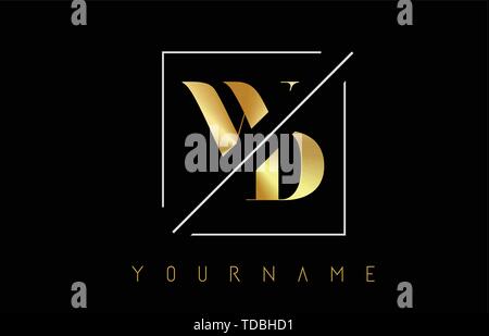 WD Golden Letter Logo with Cutted and Intersected Design and Square Frame Vector Illustration Stock Vector