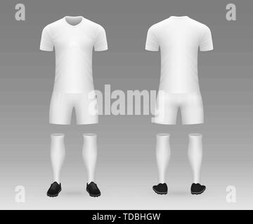3D realistic template soccer kit with jersey, pants and socks on shop backdrop. Mockup of football team uniform Stock Vector
