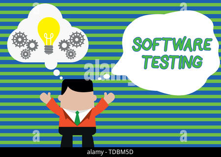Handwriting text Software Testing. Conceptual photo investigation provide information about the quality of it Standing man suit hands up imaginary bub Stock Photo