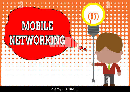Handwriting text writing Mobile Networking. Conceptual photo Communication network where the last link is wireless Standing man tie holding plug socke Stock Photo