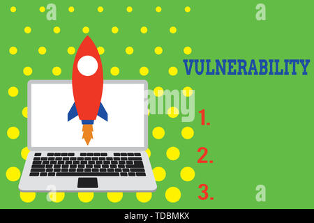 Handwriting text Vulnerability. Conceptual photo State of being exposed to the possibility of being attacked Launching rocket up laptop . Startup proj Stock Photo