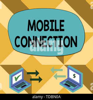 Text sign showing Mobile Connection. Business photo showcasing Secure universal login solution using mobile phone Exchange Arrow Icons Between Two Lap Stock Photo