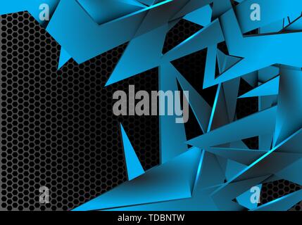 Abstract blue polygon overlap on grey metallic hexagon mesh pattern design modern futuristic background vector illustration. Stock Vector