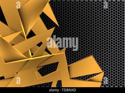 Abstract gold polygon overlap on grey metallic hexagon mesh pattern design modern futuristic background vector illustration. Stock Vector