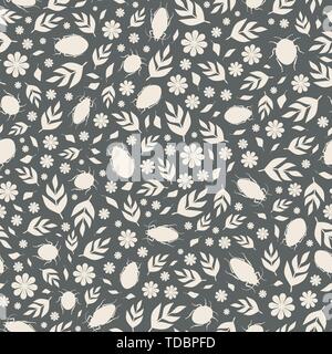 Seamless repeat pattern background of white silhouette beetles, leaves and flowers. A vector surface design of insects and flora. Stock Vector