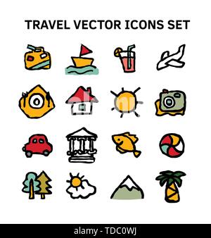 Travel journey tour trip voyage sea rest vector icons set. Stock Vector
