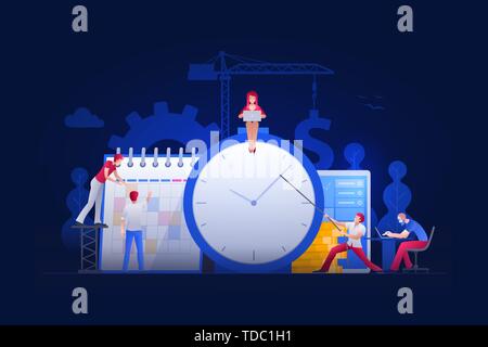 Vector illustration people are working on financial issues together on clock and calendar. Business time management  and teamwork concept. Stock Vector