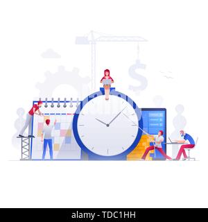 Vector illustration people are working on financial issues together on clock and calendar. Business time management  and teamwork concept. Stock Vector