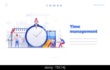 Web site page design template. Vector illustration people are working on financial issues together on clock and calendar. Business time management and Stock Vector