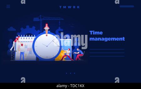 Web site page design template. Vector illustration people are working on financial issues together on clock and calendar. Business time management and Stock Vector
