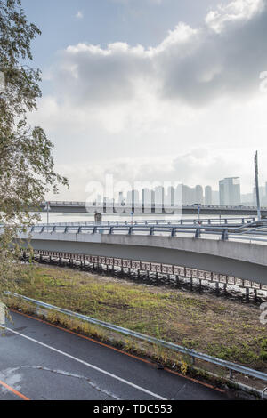 River Bank Road Bridge in Autumn City, Shenyang, China Stock Photo