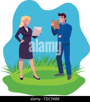 couple of engineers builders workers on the lawn vector illustration design Stock Vector