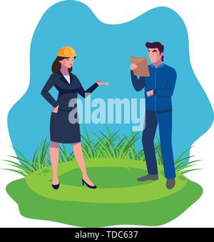 couple of engineers builders workers on the lawn vector illustration design Stock Vector