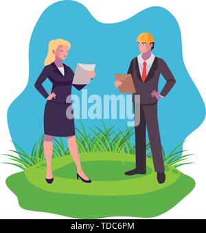 couple of engineers builders workers on the lawn vector illustration design Stock Vector