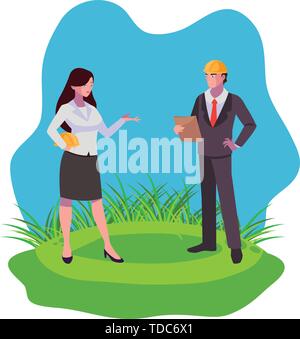 couple of engineers builders workers on the lawn vector illustration design Stock Vector
