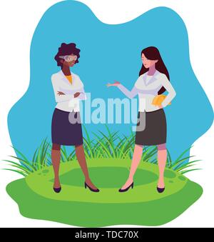 interracial female engineers workers characters on the lawn vector illustration Stock Vector