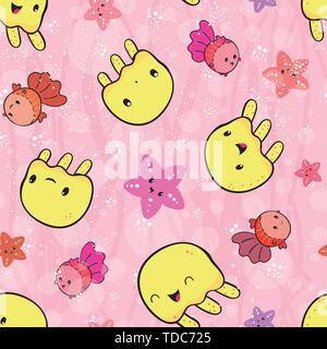 Playful yellow jellyfish and pink starfish playing.Seamless vector pattern on pink background with transparent bubble and wave texture. Great for Stock Vector