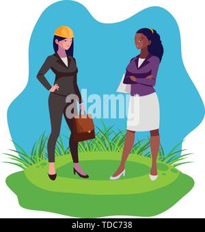 interracial female engineers workers characters on the lawn vector illustration Stock Vector