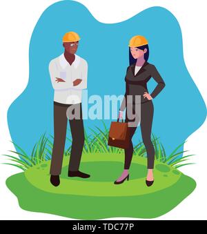 afro male builder with female engineer characters vector illustration design Stock Vector