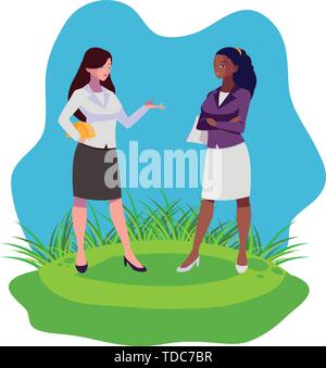 interracial female engineers workers characters on the lawn vector illustration Stock Vector