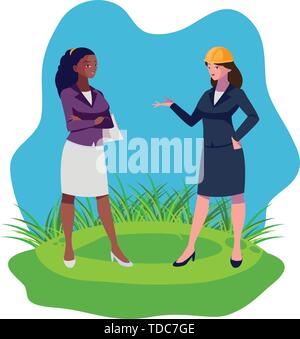 interracial female engineers workers characters on the lawn vector illustration Stock Vector