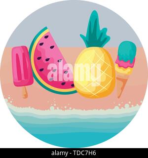 pineapple with watermelon and ice creams in beach vector illustration ...