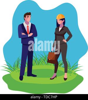 couple of engineers builders workers on the lawn vector illustration design Stock Vector