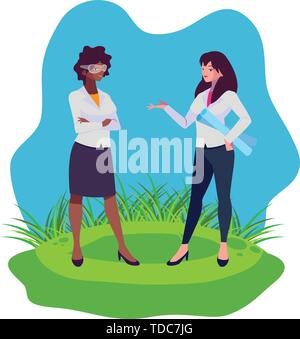 interracial female engineers workers characters on the lawn vector illustration Stock Vector