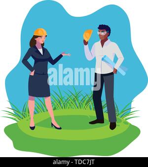 afro male builder with female engineer characters vector illustration design Stock Vector