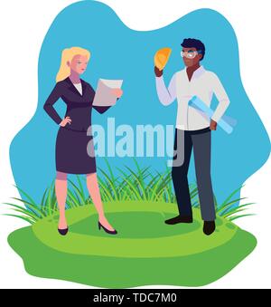 afro male builder with female engineer characters vector illustration design Stock Vector