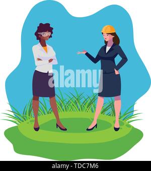 interracial female engineers workers characters on the lawn vector illustration Stock Vector